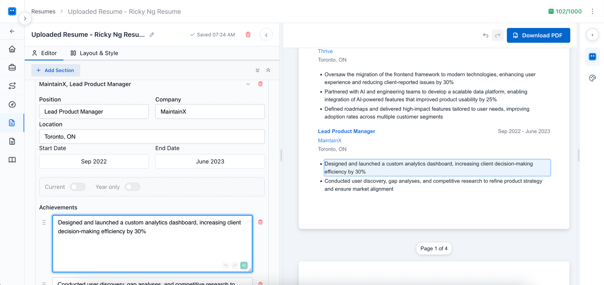 Form-based resume editor