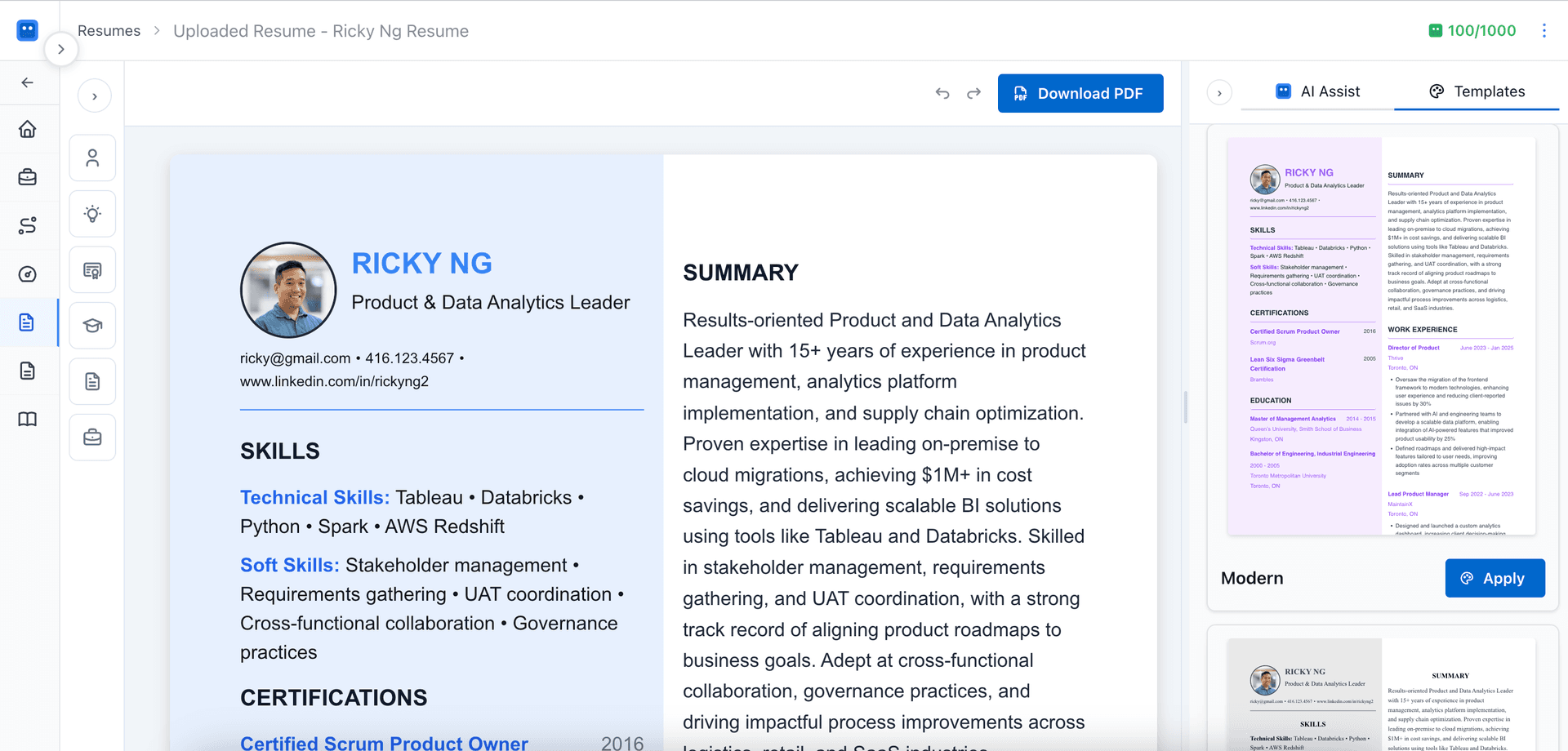 Resume template selection modal