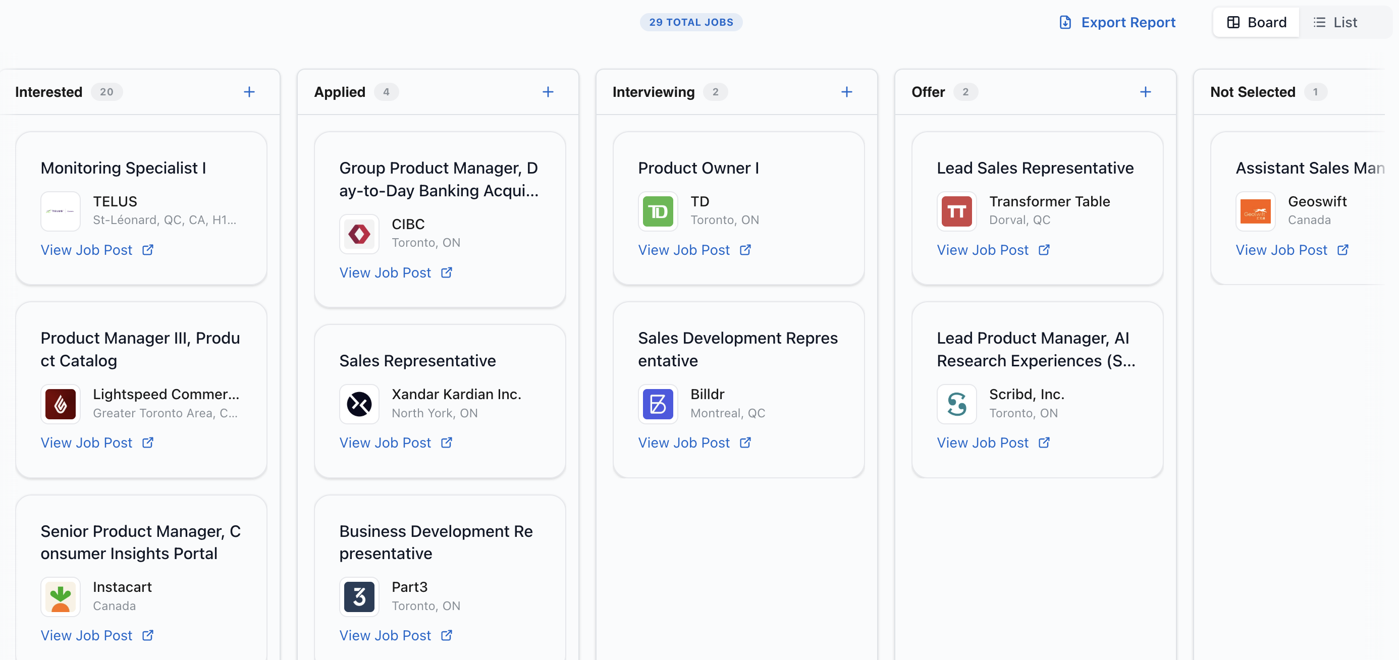 Job tracker kanban board with organized job applications