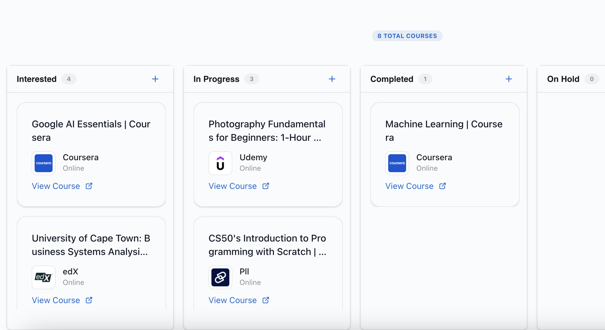Learning tracker with course progress tracking