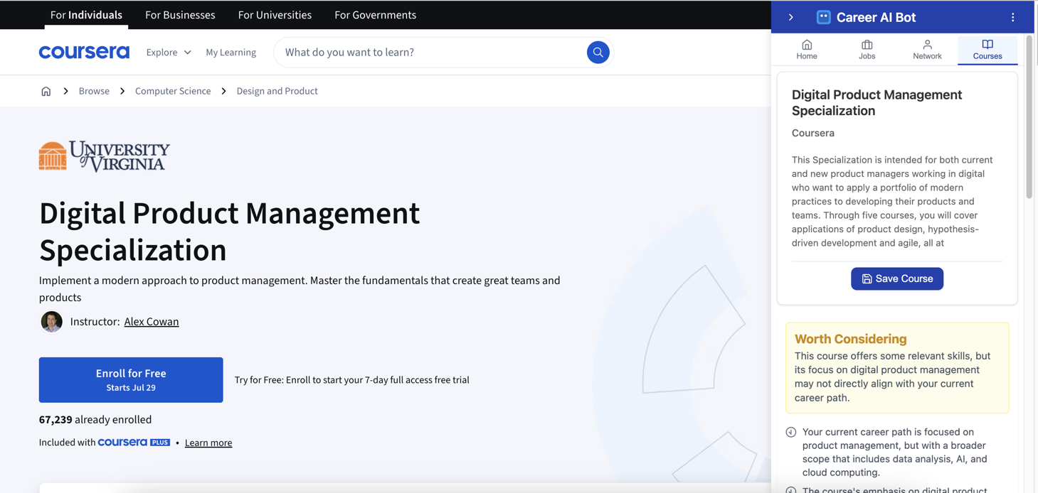 Career AI Bot Chrome Extension - Coursera Course Fit Analysis