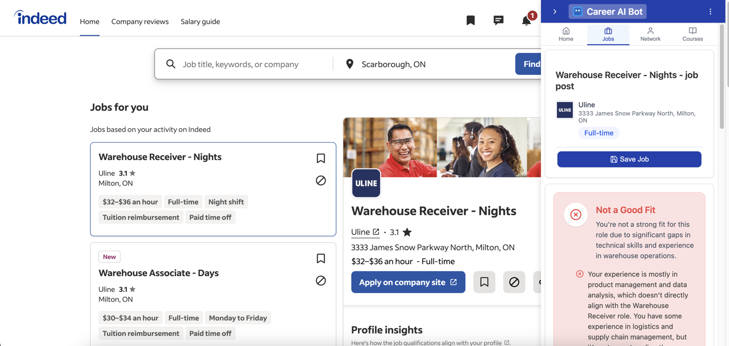 Career AI Bot Chrome Extension - Indeed Job Fit Analysis