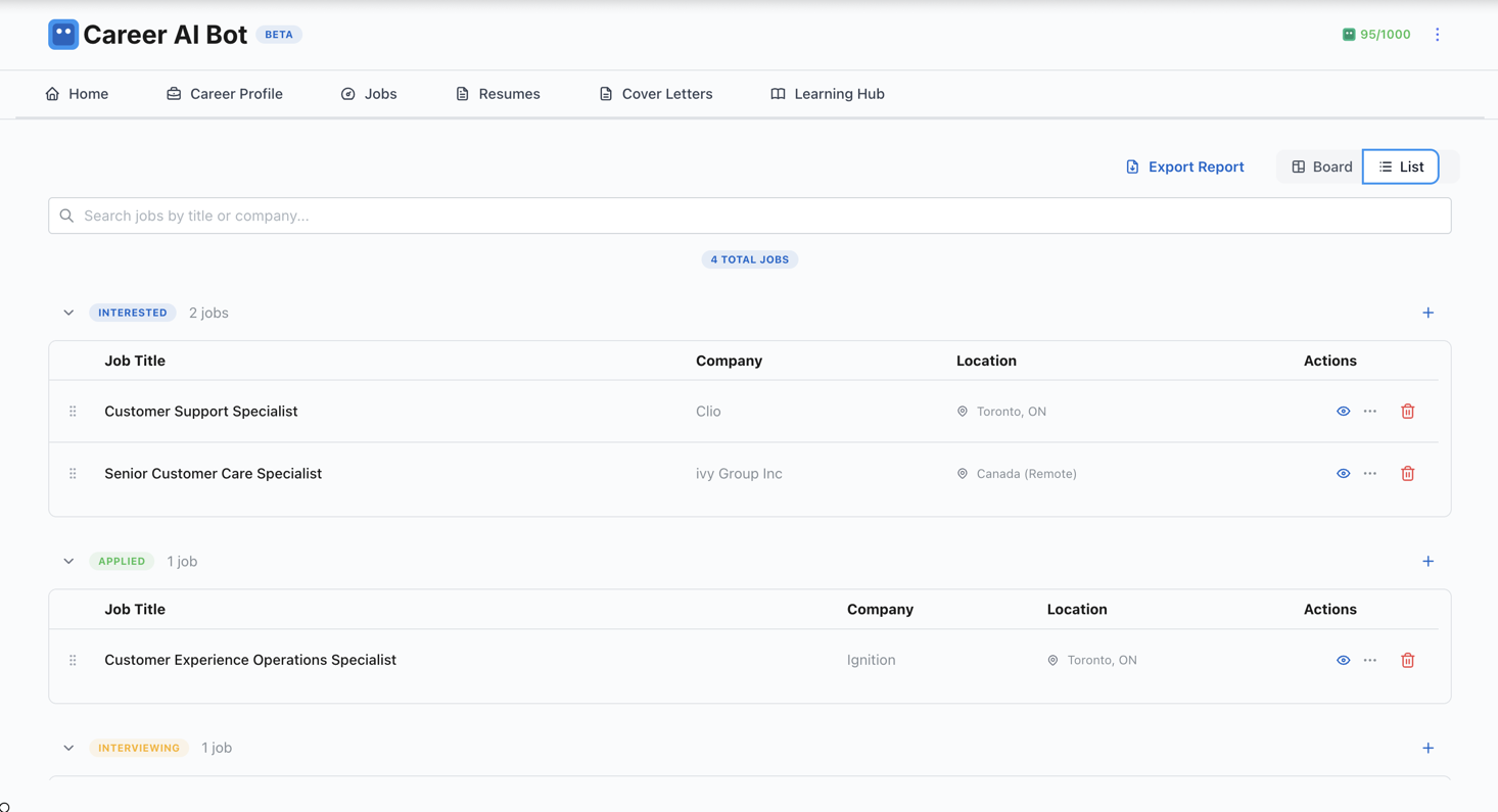 Career AI Bot - Job Tracker List View