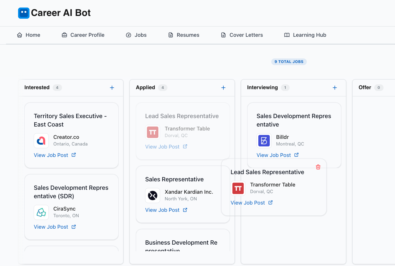 Career AI Bot Job Tracking Dashboard