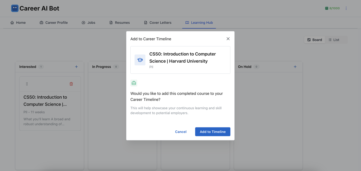 Career AI Bot - Add Completed Course as Career Event