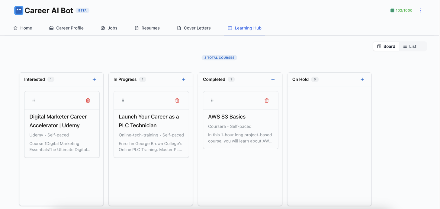 Career AI Bot - Learning Tracker Board View