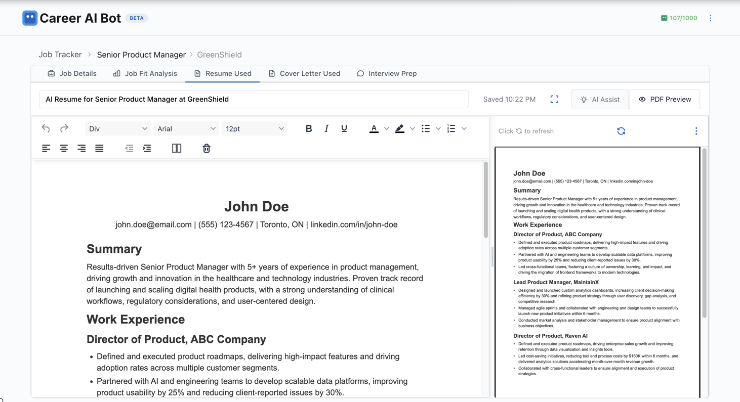 Career AI Bot - Resume Builder PDF Preview