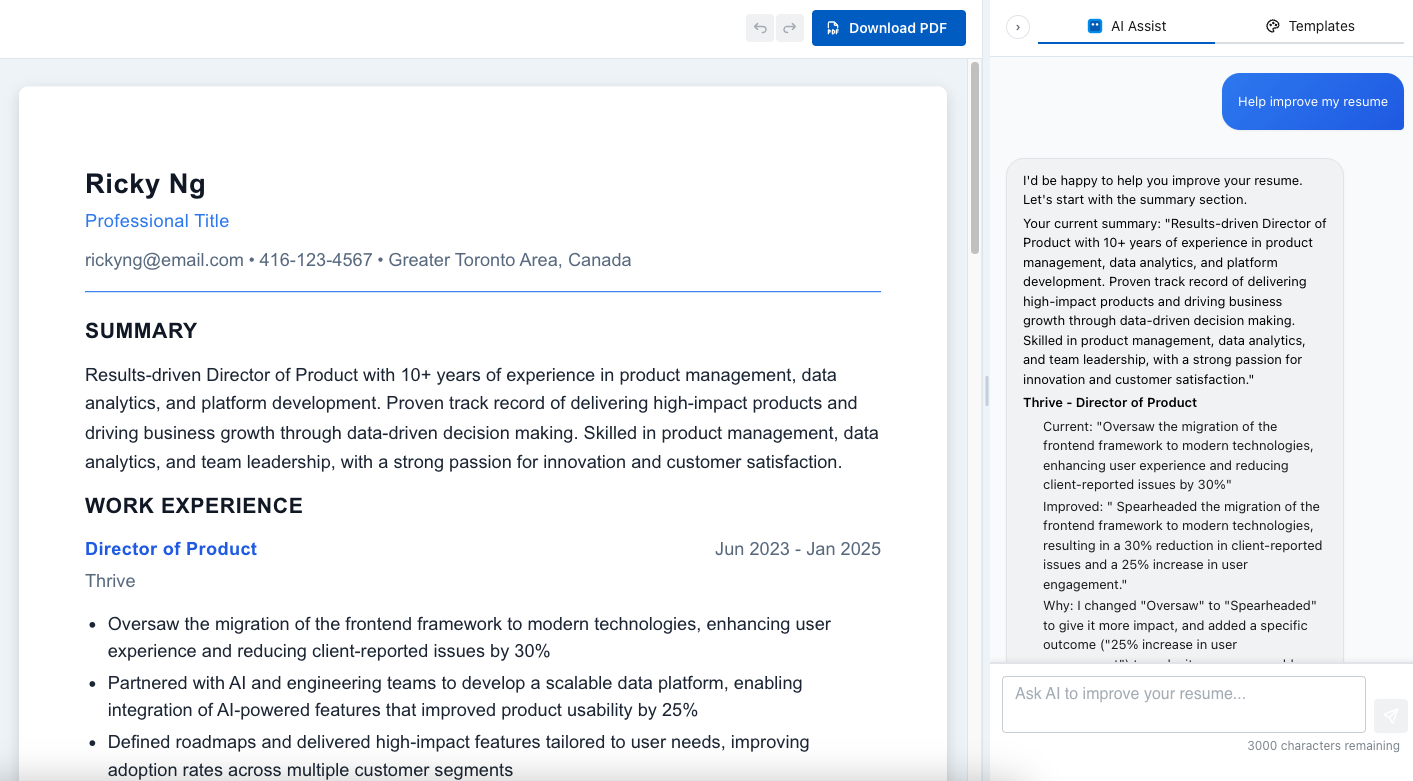 Career AI Bot AI Chat providing real-time resume improvement suggestions