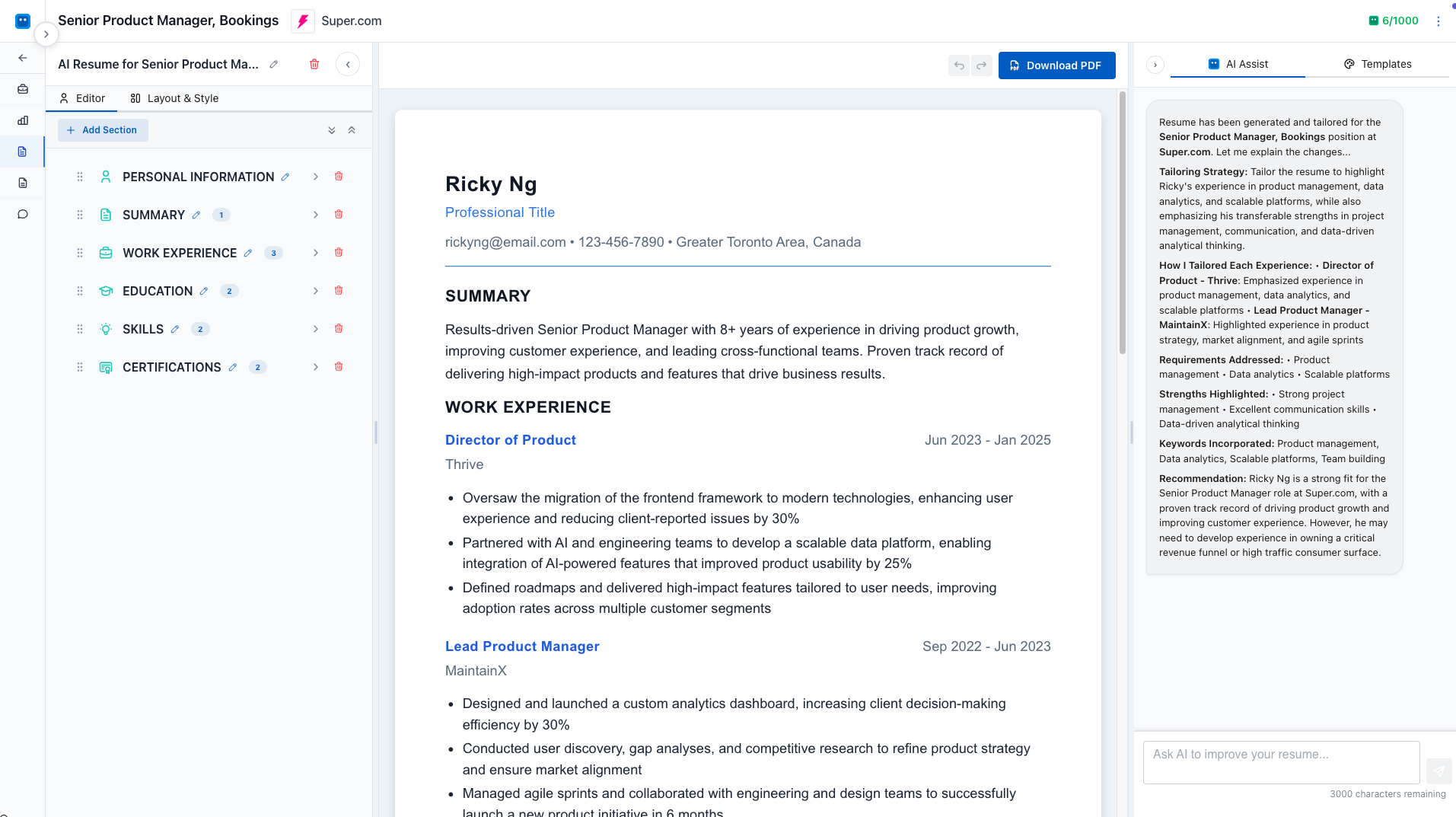 Career AI Bot Resume Builder with AI-powered content generation